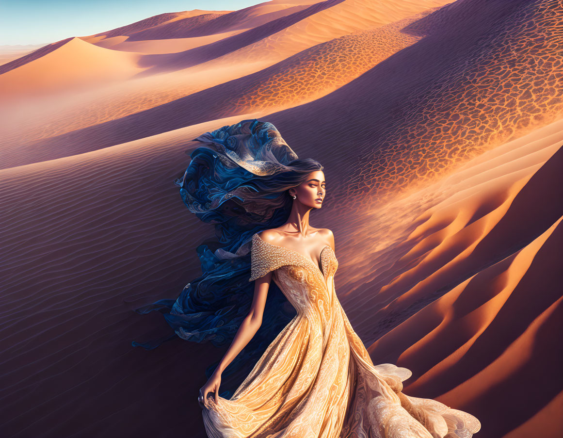 Woman in Golden Dress Stands in Desert Dunes