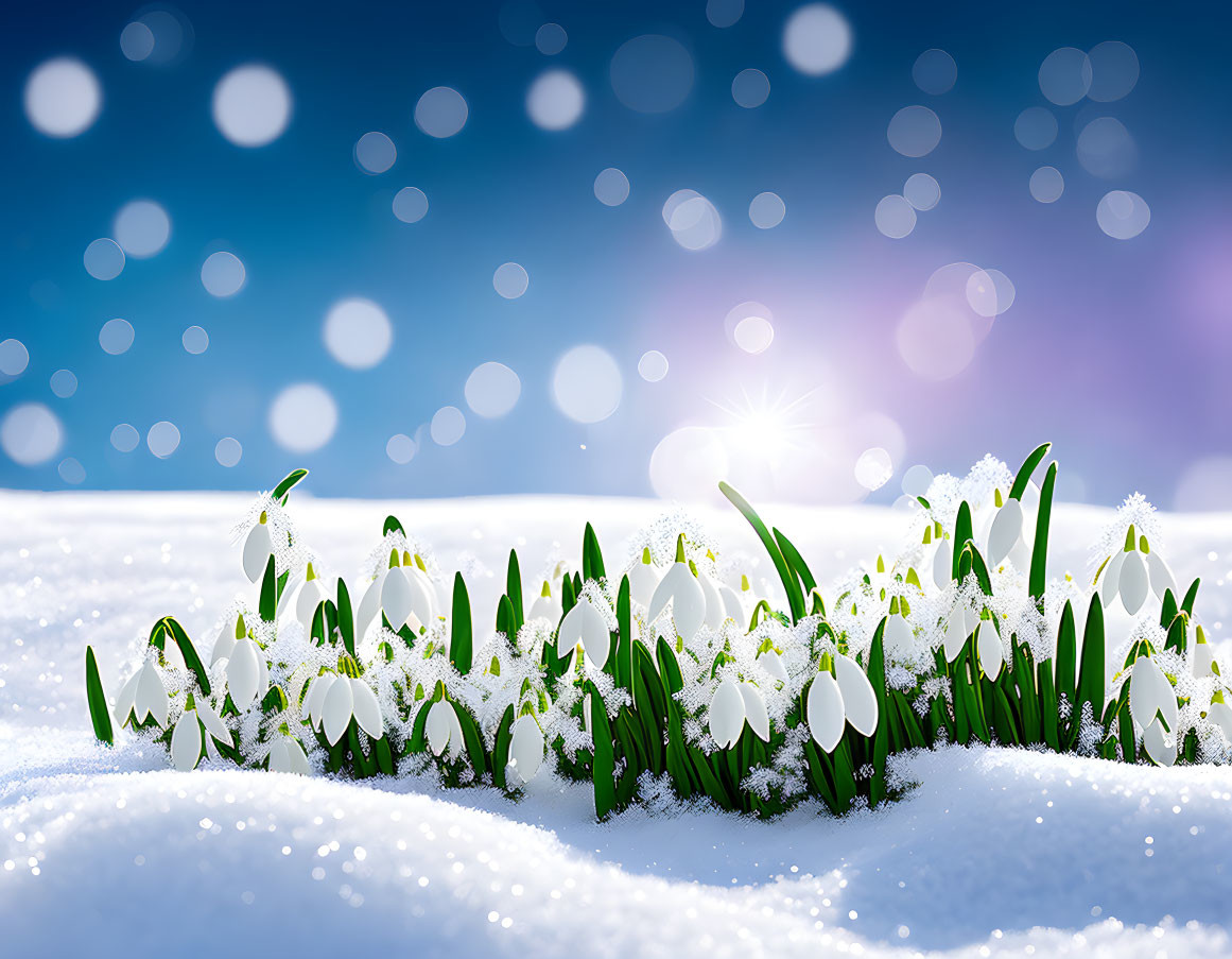 Winter scene with blooming snowdrops in snow-covered landscape
