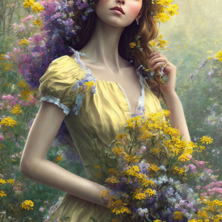 Vintage Yellow Dress Woman in Misty Garden with Flowers