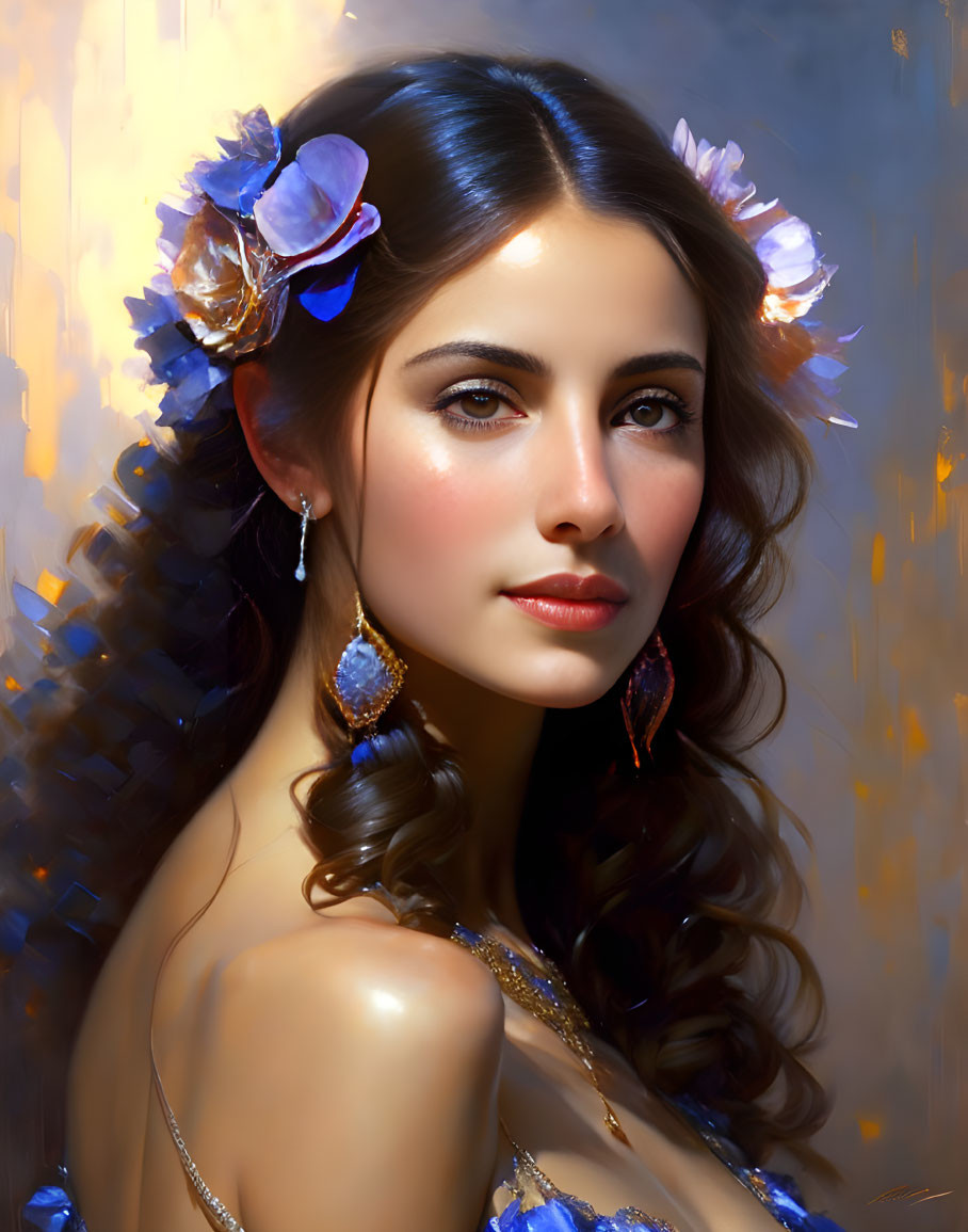 Portrait of woman with dark hair, blue flowers, earrings, and golden backdrop