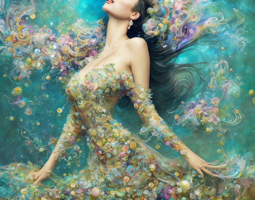 Woman in Flowery Dress Submerged in Colorful Underwater Scene