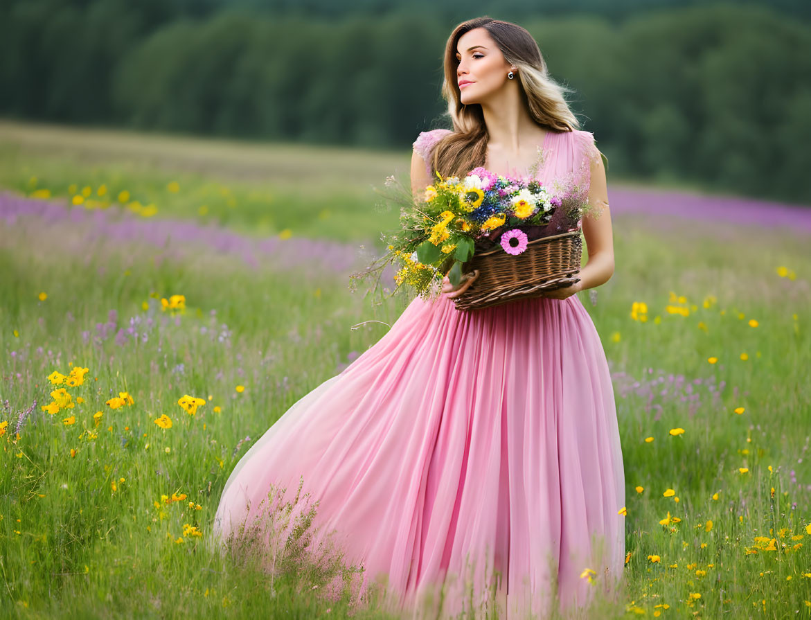 Woman in Pink Gown with Flower Basket in Colorful Field