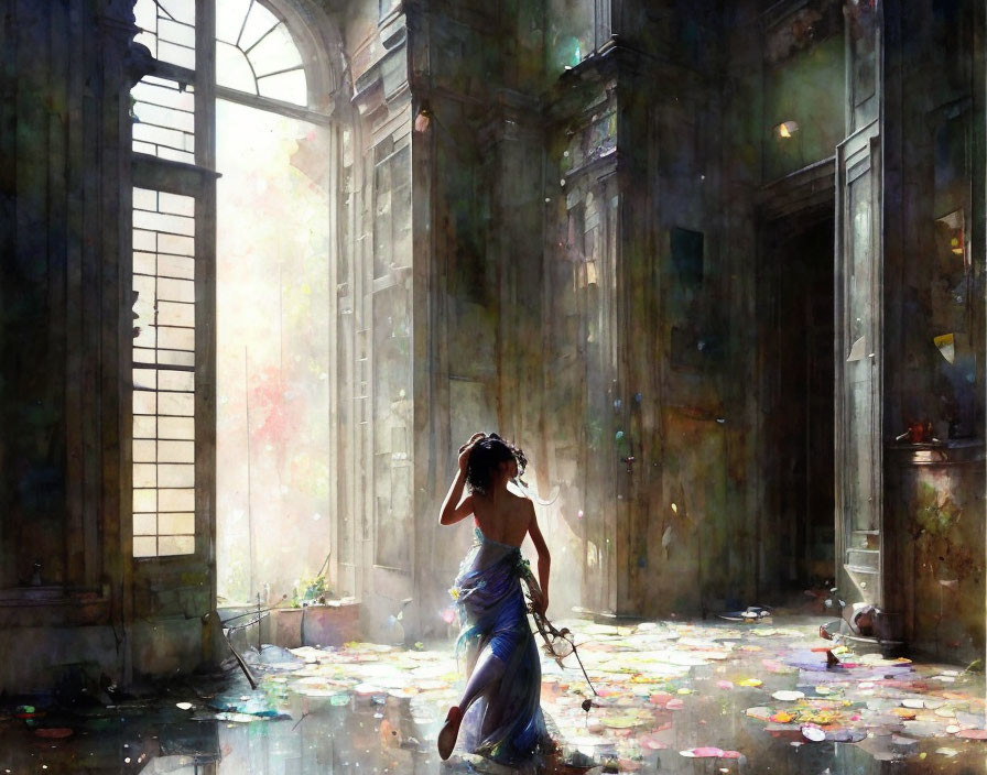 Woman dancing in sunlit abandoned hall with scattered leaves