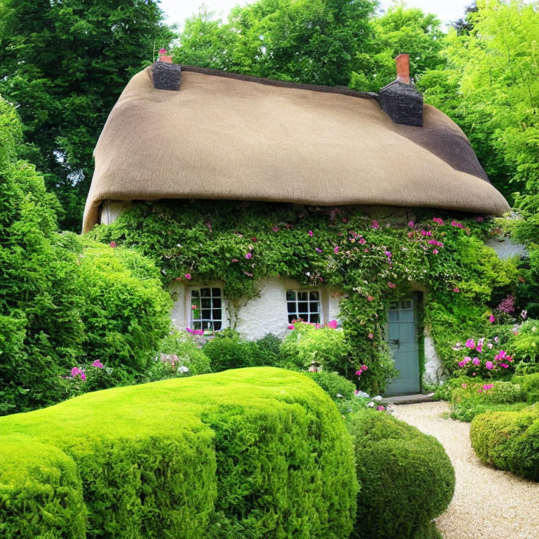 Charming cottage with thatched roof, green foliage, vines, hedges, and gravel path