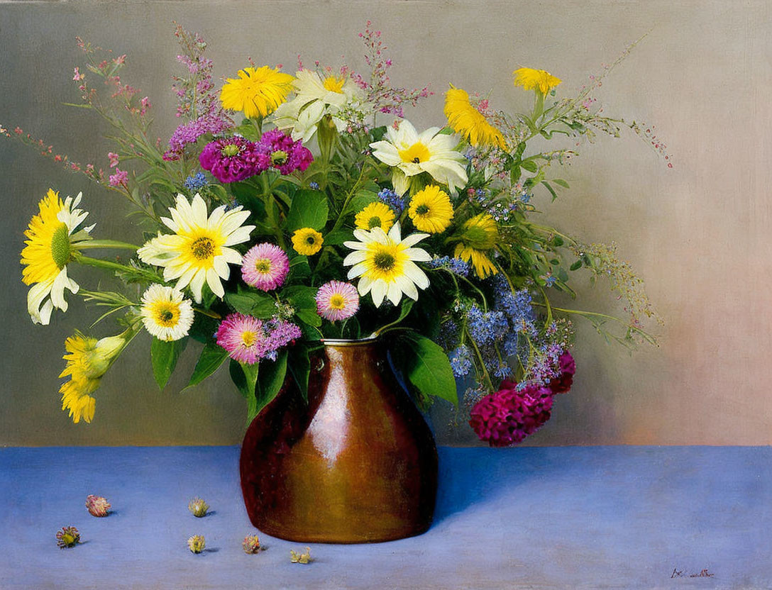 Vibrant bouquet of flowers in brown vase on gray backdrop with scattered petals