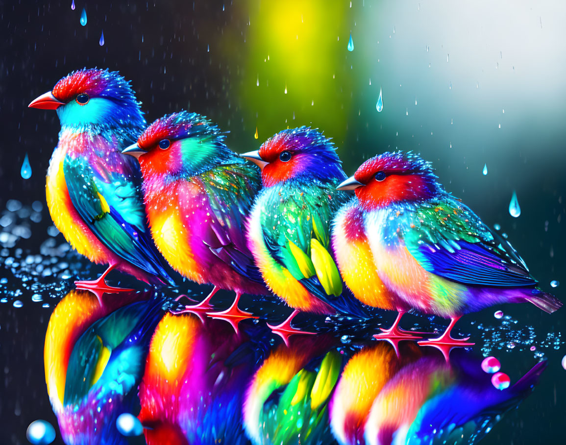 Four colorful birds with wet feathers in rain, water droplets and reflections visible