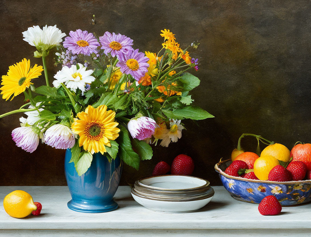 Colorful Flower Bouquet and Fruit Bowl Still Life on Marble Surface