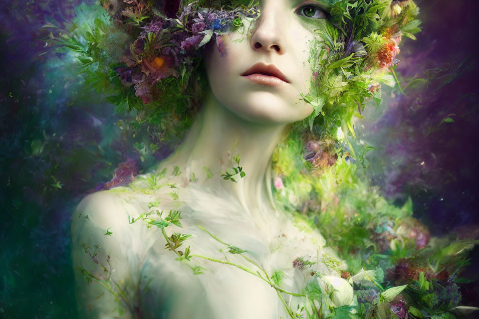Person with green foliage and colorful flowers in mystical portrait.