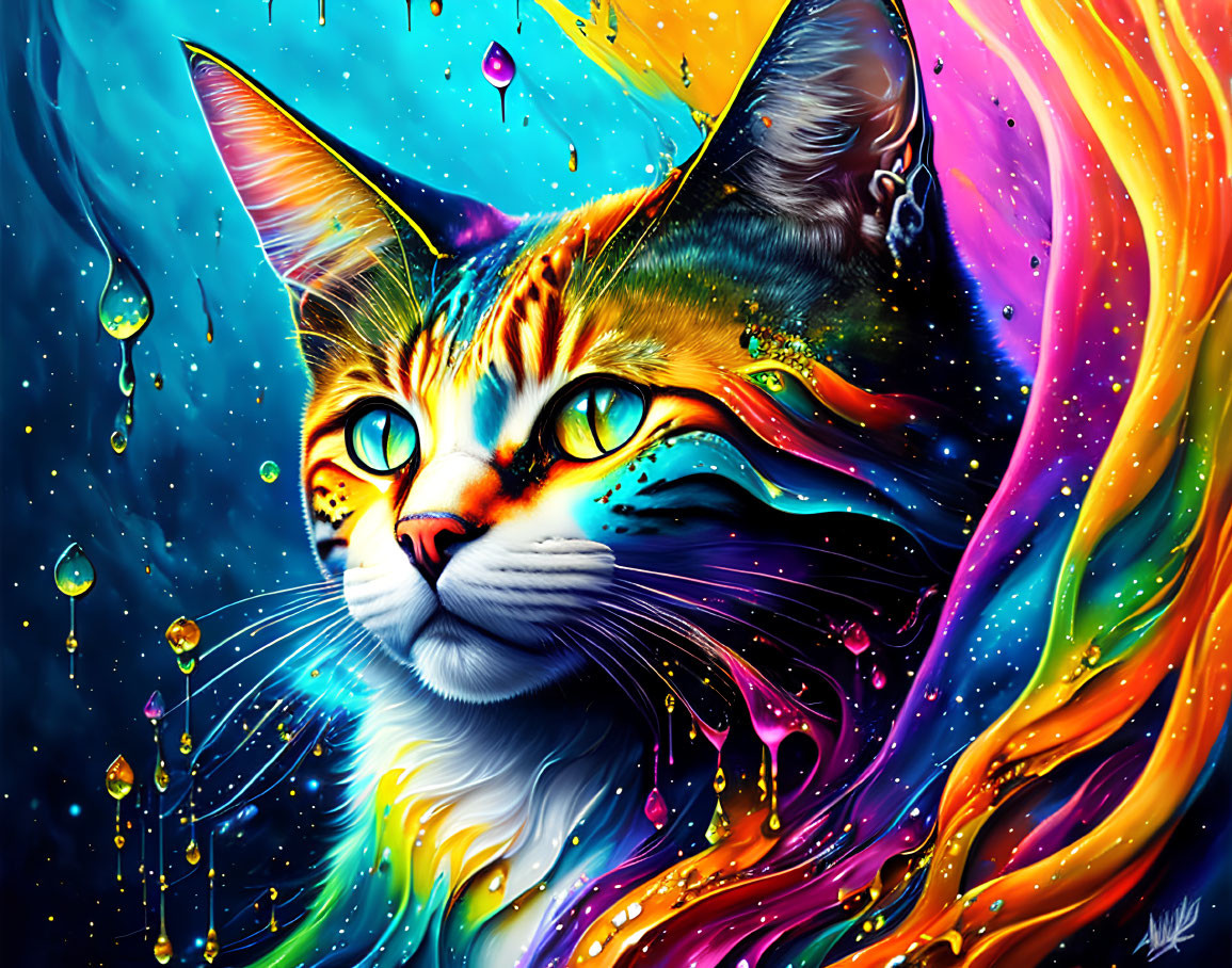 Colorful cat art with cosmic sky theme in blue, orange, and yellow