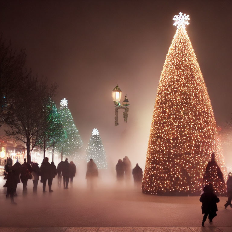 Silhouetted people walk past large Christmas trees on foggy evening