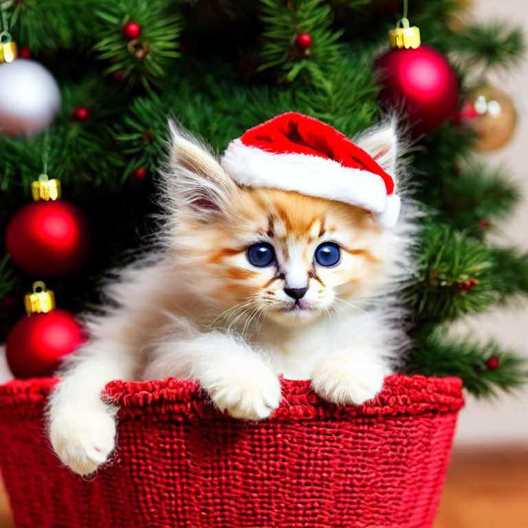 Adorable fluffy kitten in Santa hat by Christmas tree