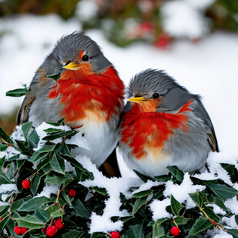 Grey and Orange Birds Snuggling on Snowy Holly Branches