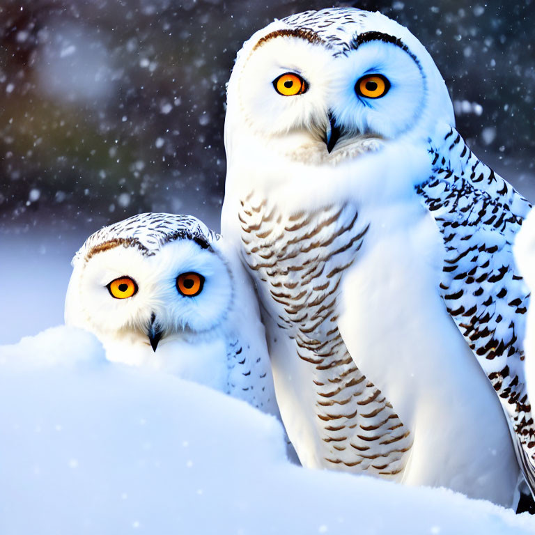 Pair of snowy owls with orange eyes in snowy landscape.