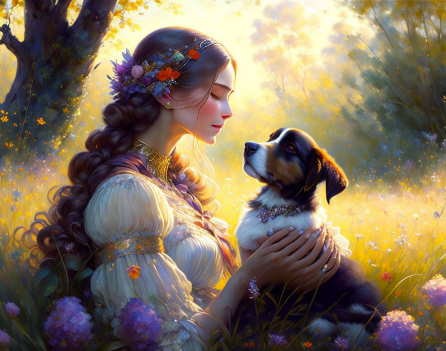 Woman in Embellished Dress with Floral Hairpiece Gazing at Dog in Sunlit Setting