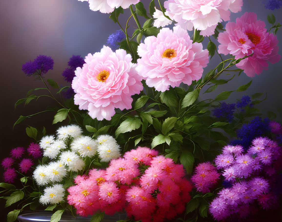 Colorful Peonies and Flowers on Dark Background in Pink, White, and Purple