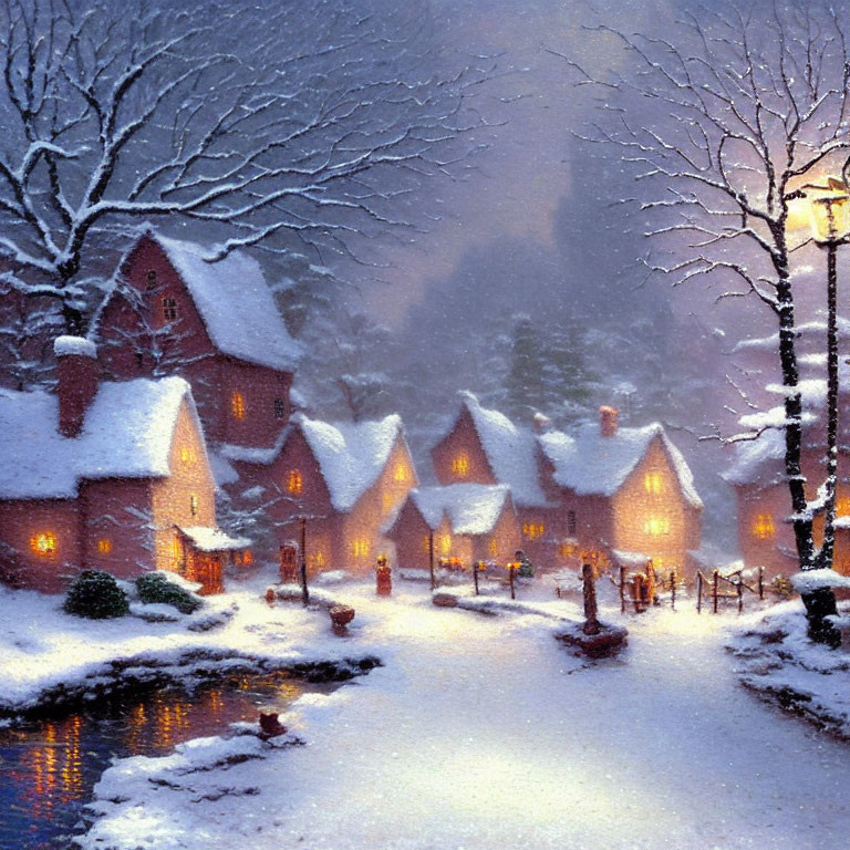 Snow-covered village with warm-lit cottages by river at twilight