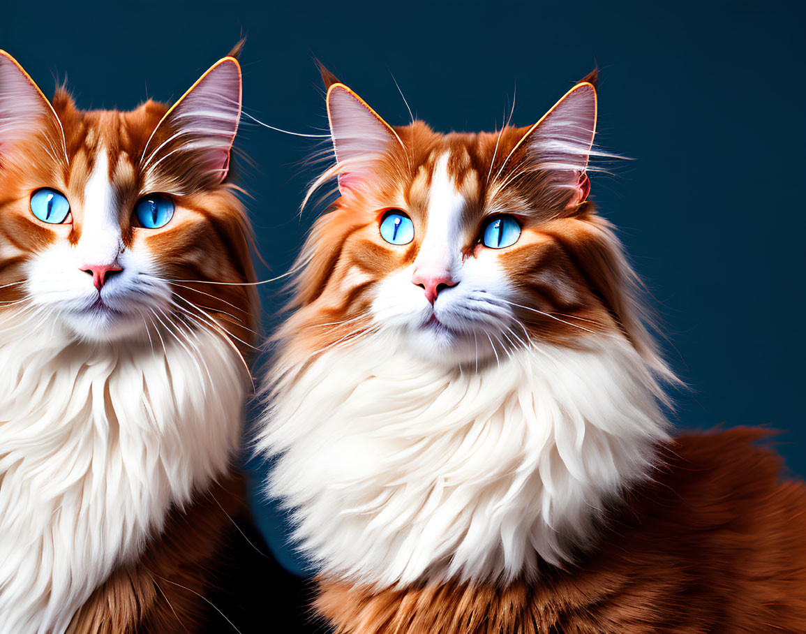 Two Orange and White Long-Haired Cats with Blue Eyes on Dark Blue Background