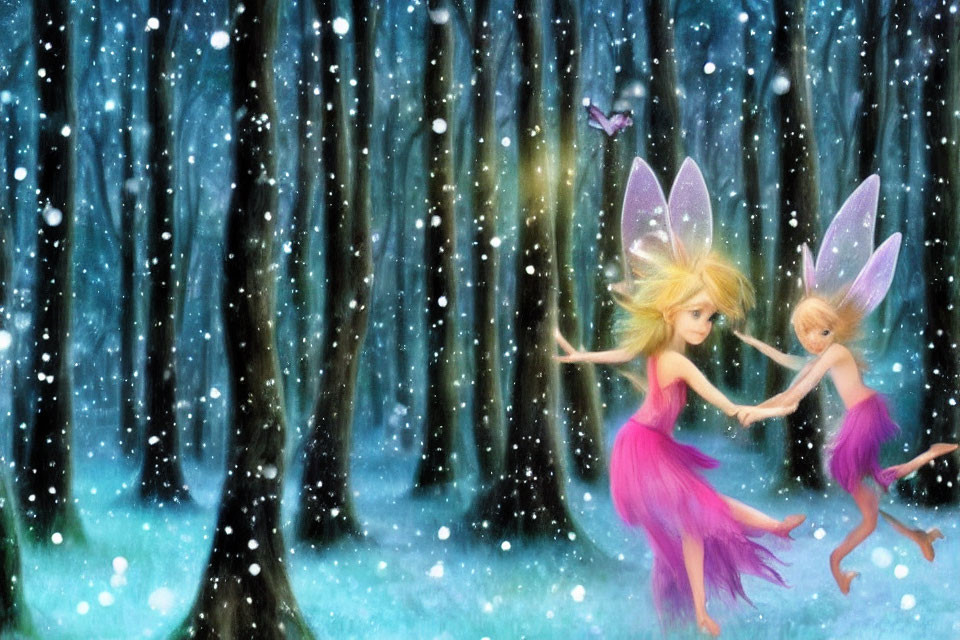 Translucent-winged fairies dancing in mystical forest snowfall