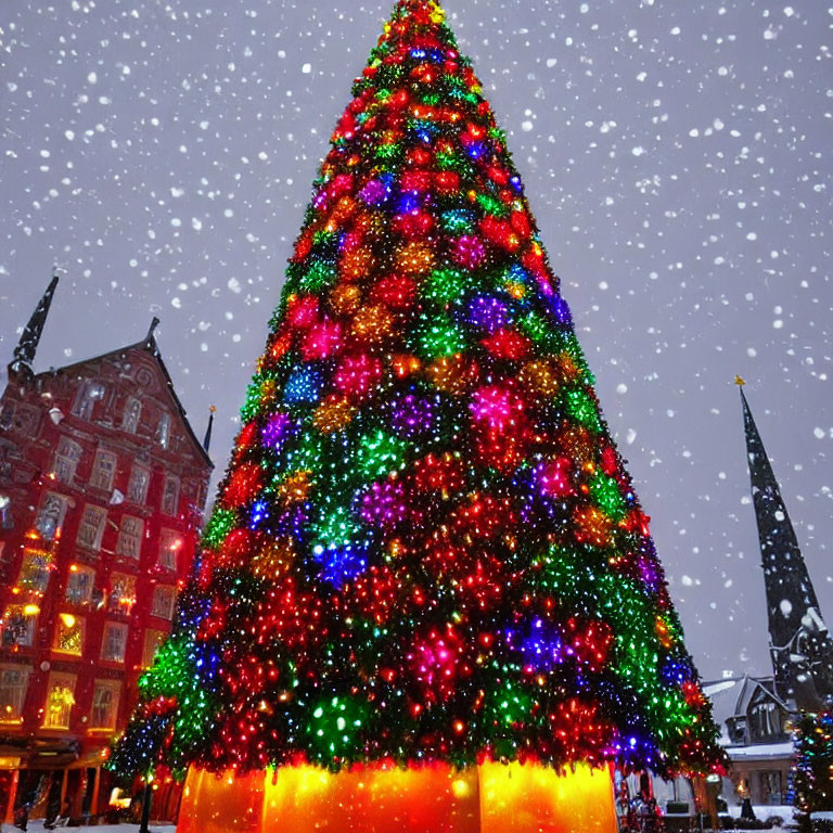 Brightly Lit Christmas Tree with Colorful Lights in Snowy Setting