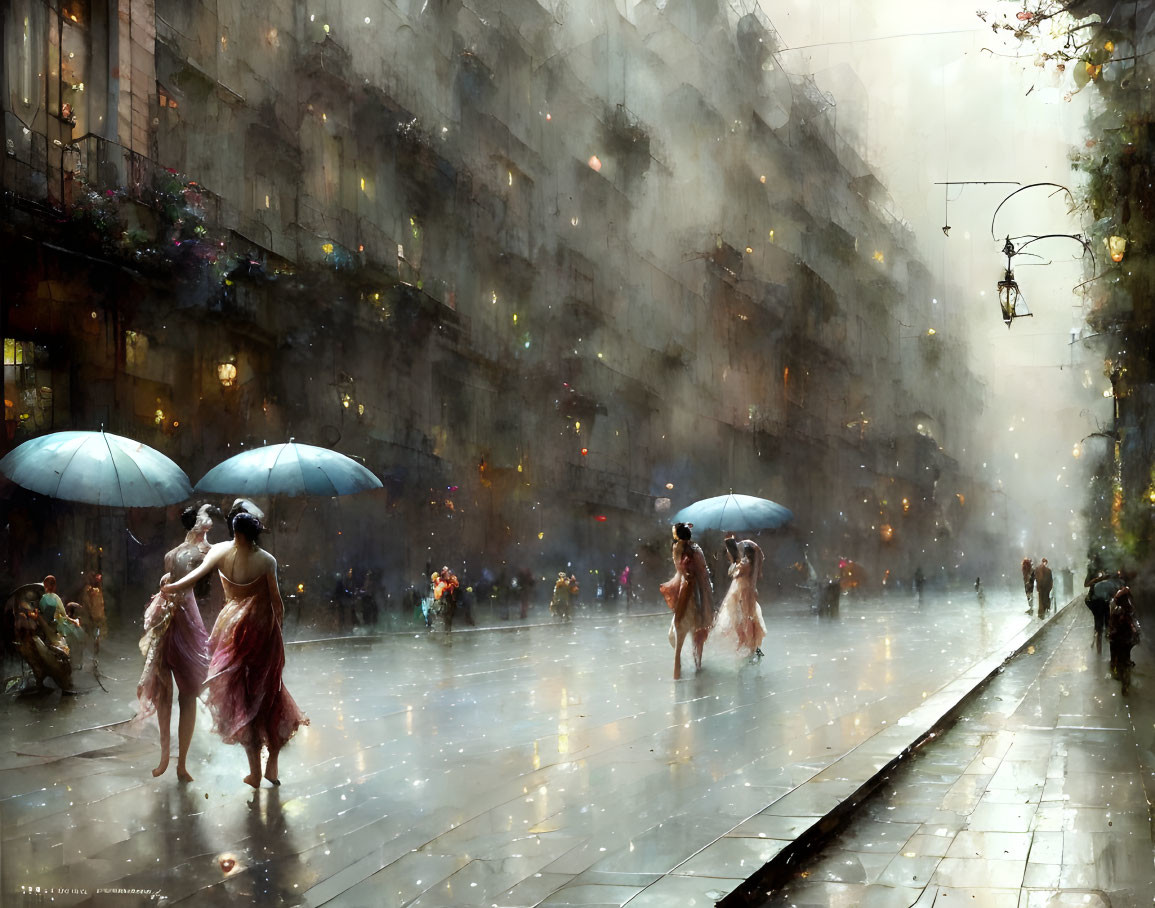 Rainy City Street Scene with People and Umbrellas in Soft Lighting