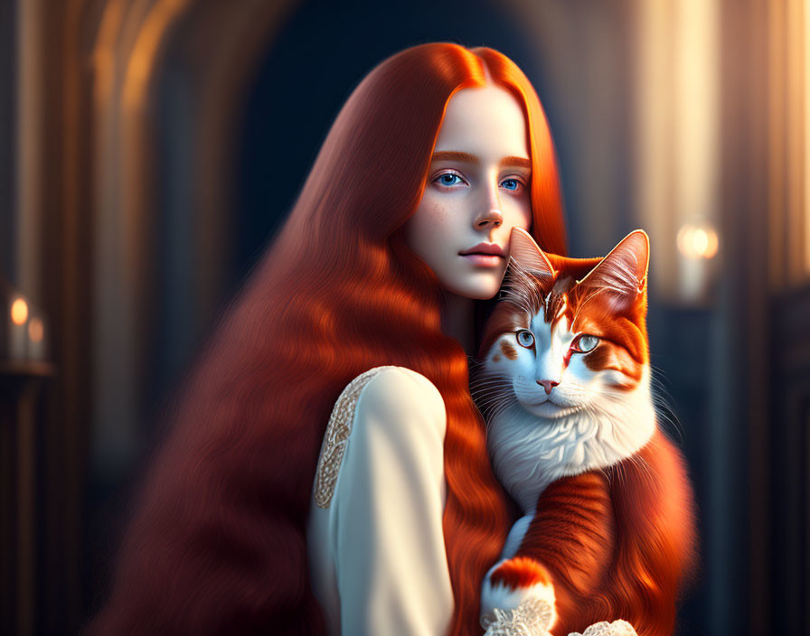Woman with Long Red Hair Holding Ginger and White Cat in Dimly Lit Corridor