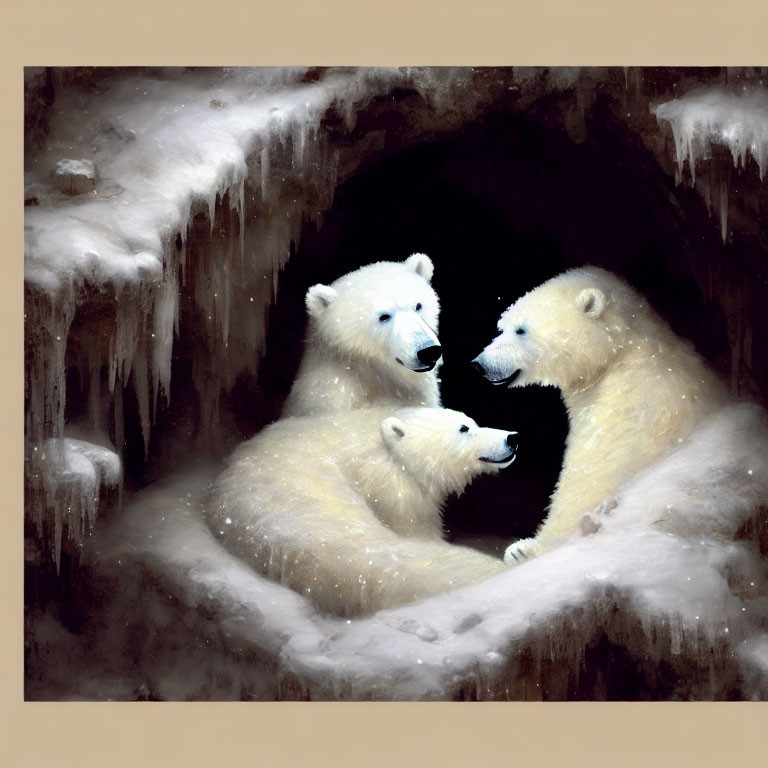 Three Polar Bears in Snowy Cave Surrounded by Icicles