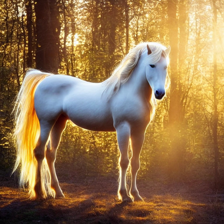 Majestic white horse with flowing mane in sunlit forest