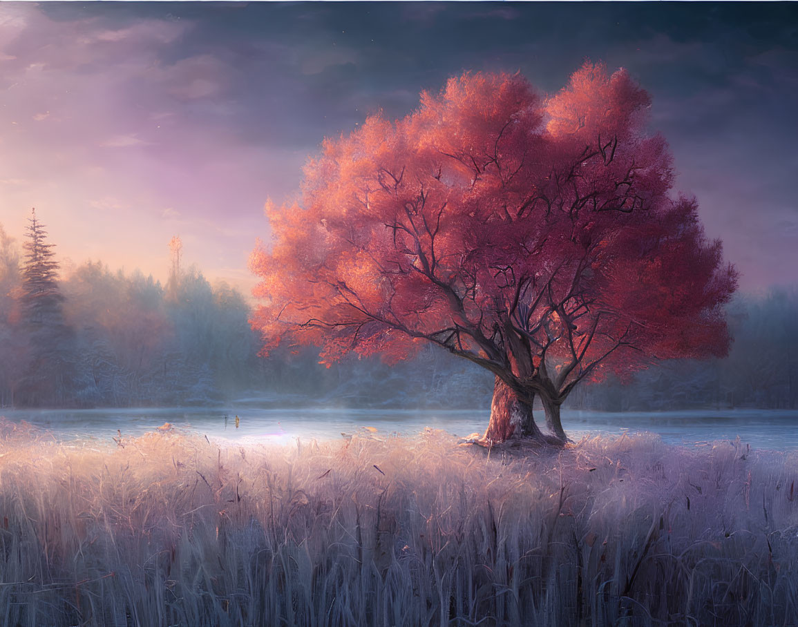 Vibrant red tree in frost-covered meadow at dawn with mystical forest backdrop