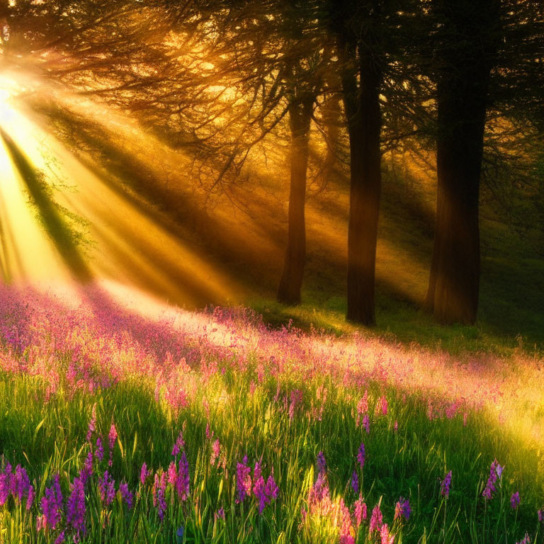 Sunbeams through trees on vibrant purple wildflowers