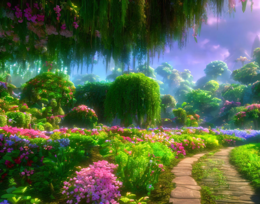 Lush garden path with vibrant flowers and greenery