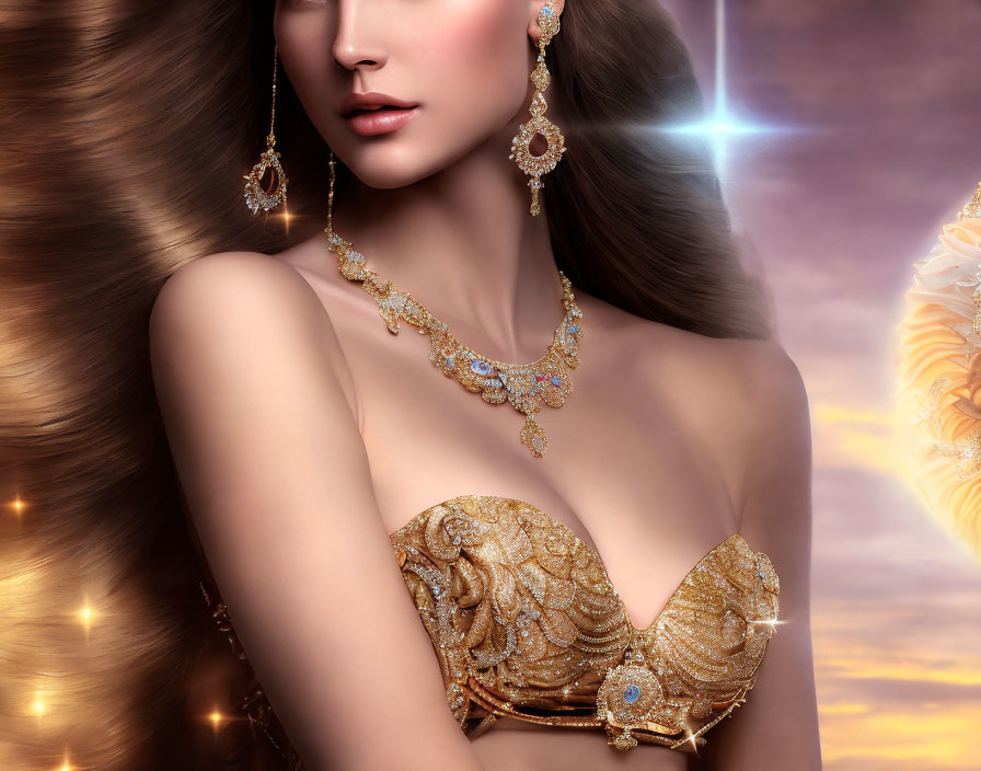 Woman in Gold Dress with Sparkling Background and Jewelry