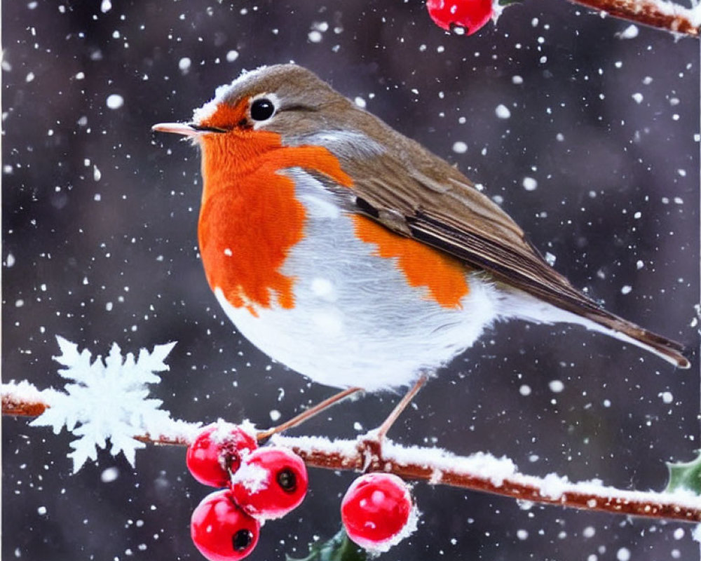 Robin perched on frosty branch with red berries and falling snowflakes