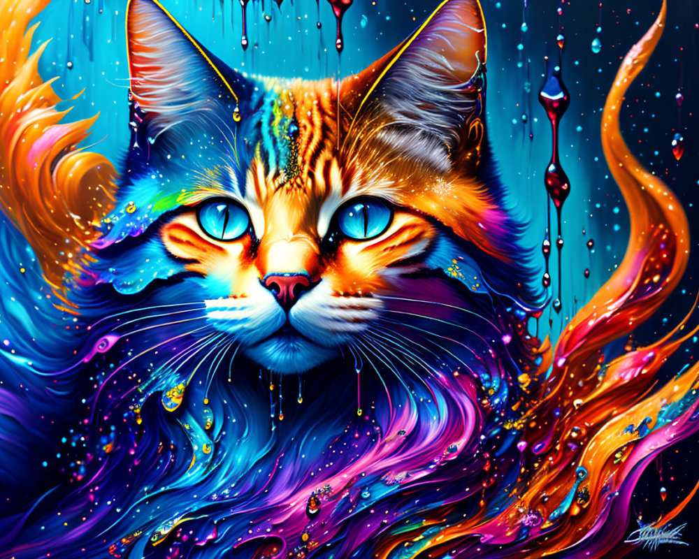 Colorful Abstract Digital Art Featuring Cat with Intense Blue Eyes