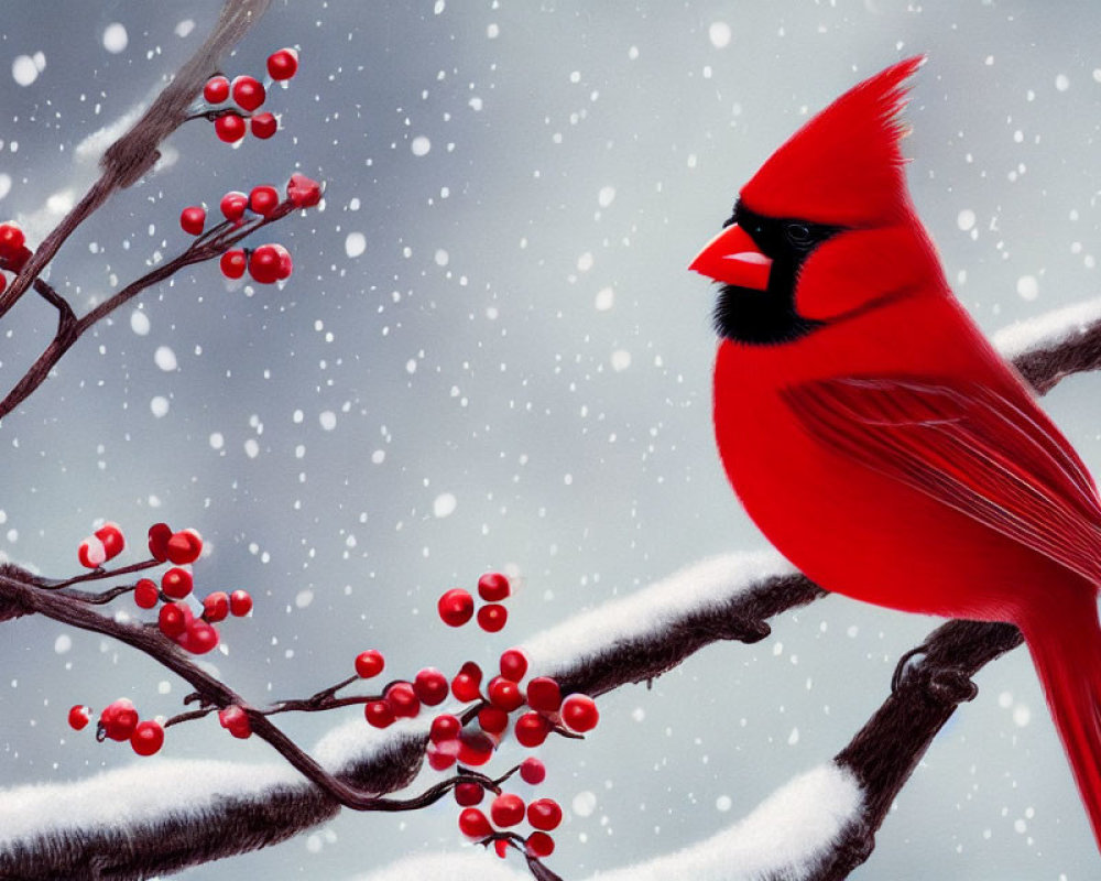 Red cardinal on snow-covered branch with red berries in falling snowflakes