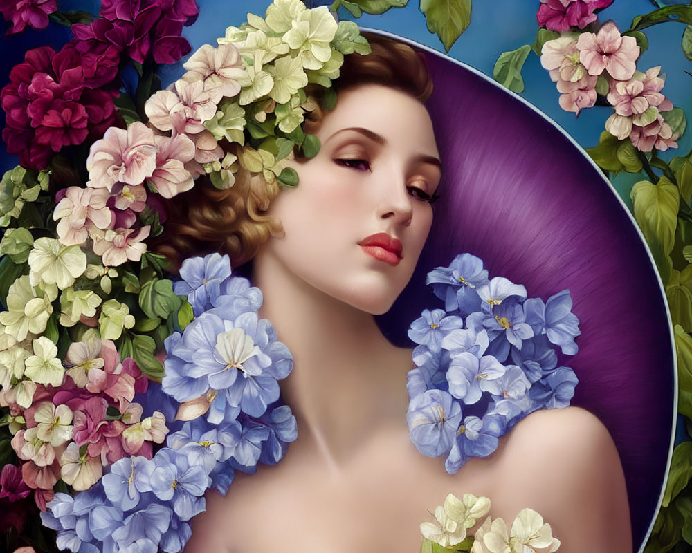 Serene woman portrait with hydrangea flowers on blue sky