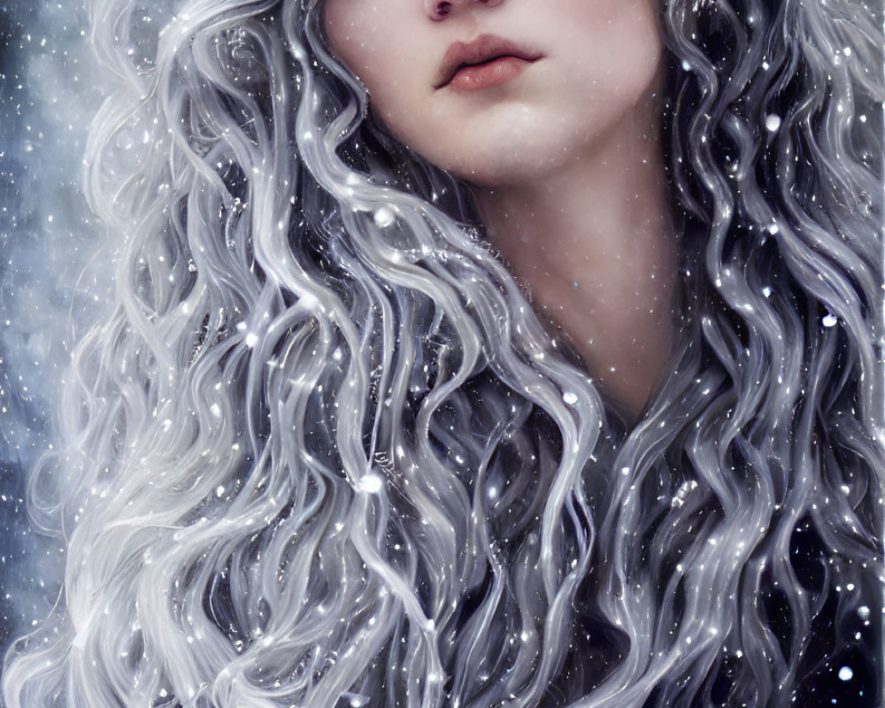 Illustration of woman with wavy hair and winter foliage crown in snowfall