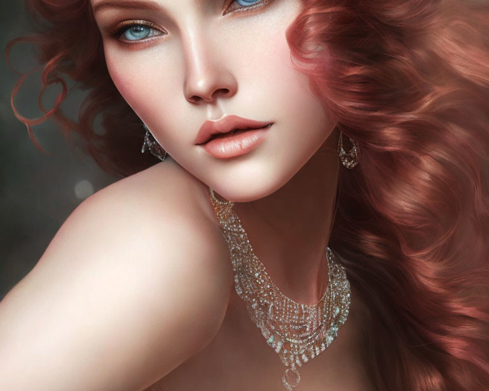 Vivid blue-eyed woman with red curly hair and jewelry