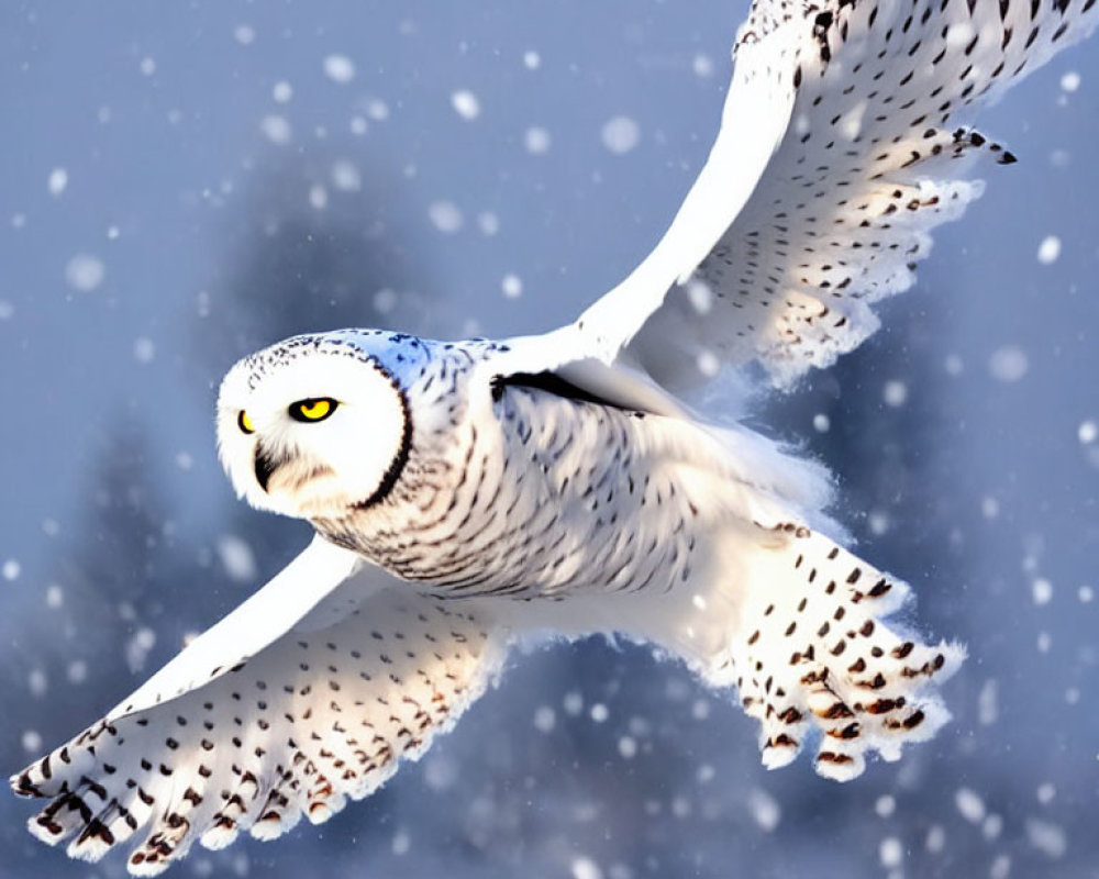 Snowy Owl Flying in Snowstorm with Wide Wings and Yellow Eyes