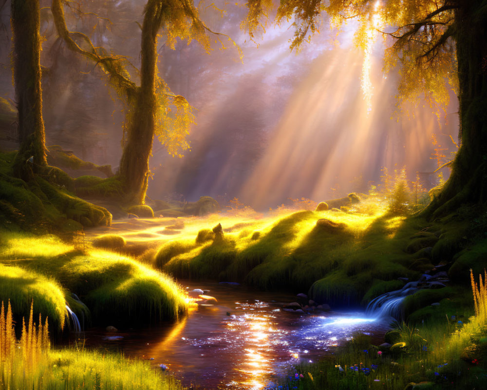 Sunlit Forest Scene with Mist, Riverbank, and Creek Amidst Lush Flora