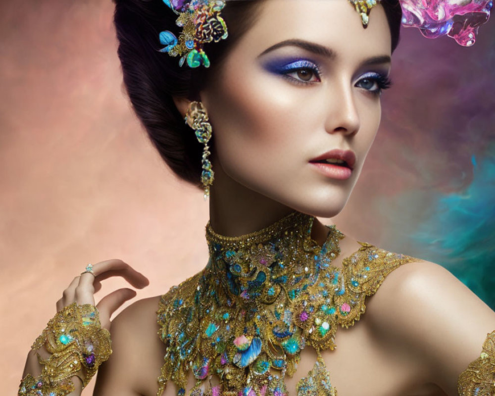 Woman with Striking Makeup and Golden Jewelry on Pastel Background