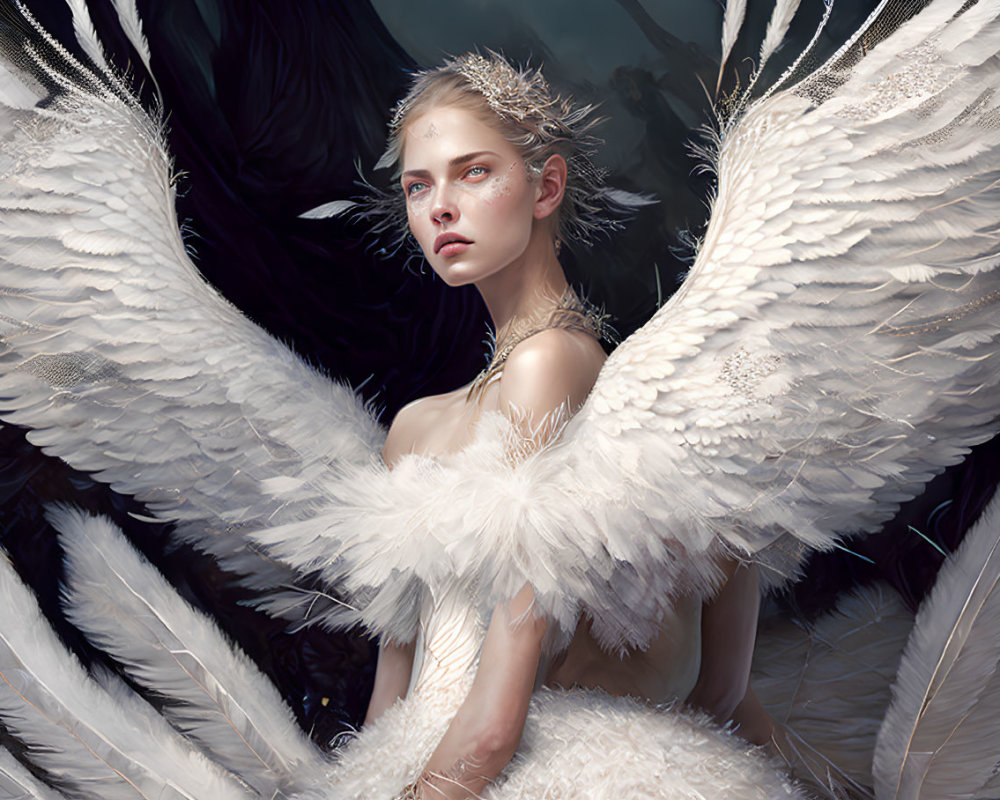 Majestic angelic figure with white wings and pensive expression