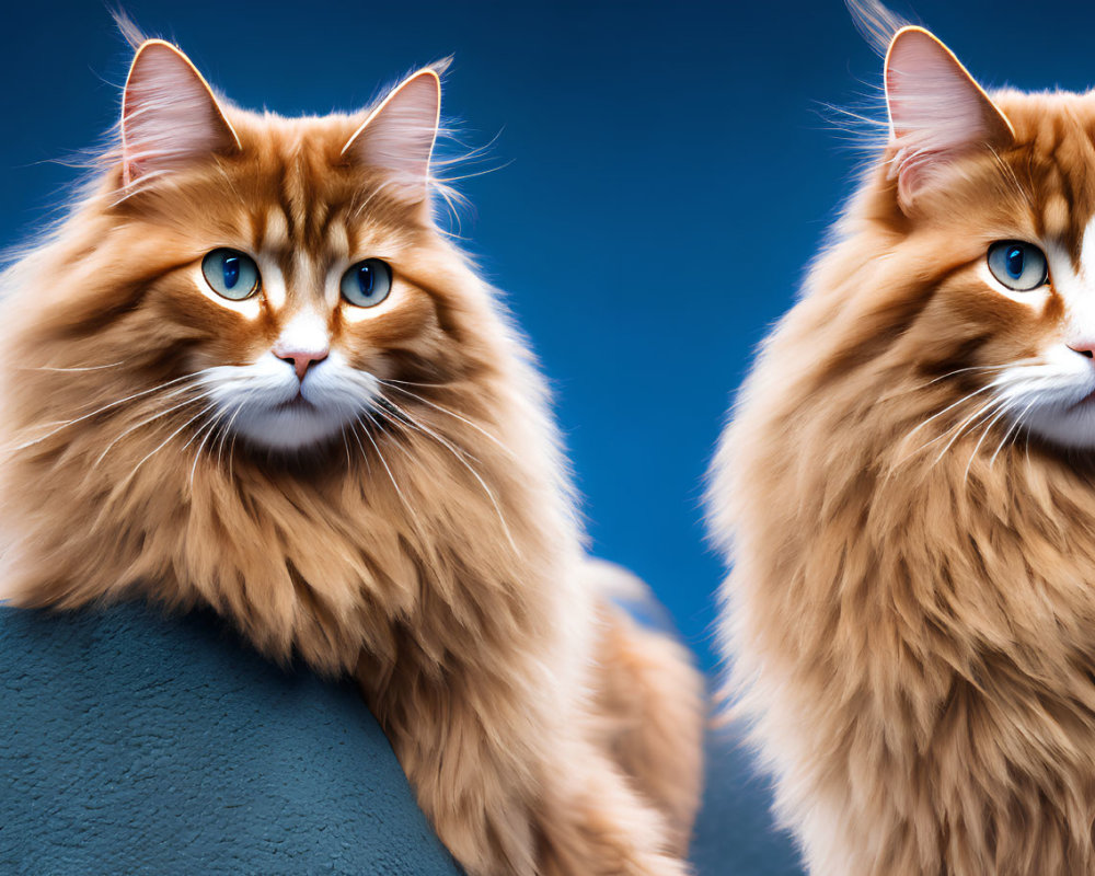 Fluffy ginger cats with blue eyes on blue background