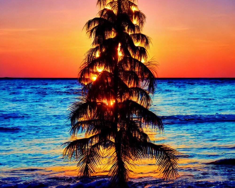 Silhouetted Palm Tree Against Vibrant Sunset Sky