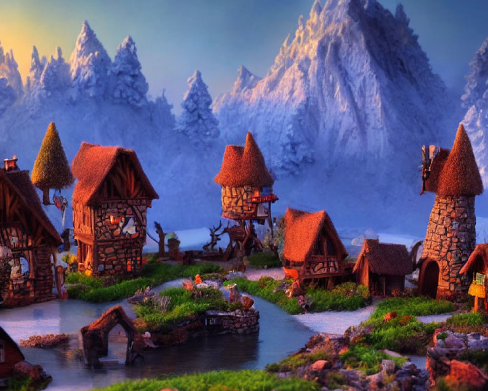 Miniature Thatched-Roof Village with Snow-Capped Mountains at Twilight