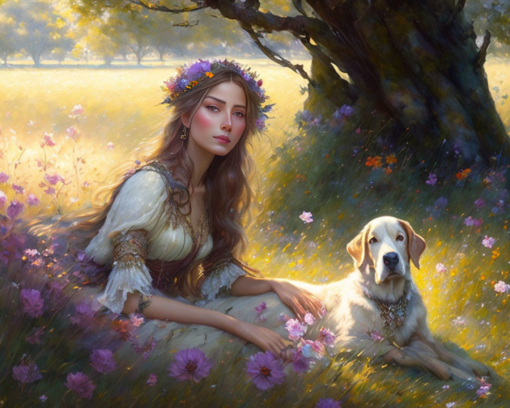 Woman with flower crown sitting by blooming tree with dog in tranquil field