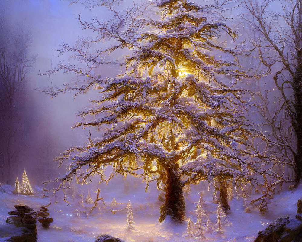 Snow-covered tree illuminated by soft golden light in misty winter landscape