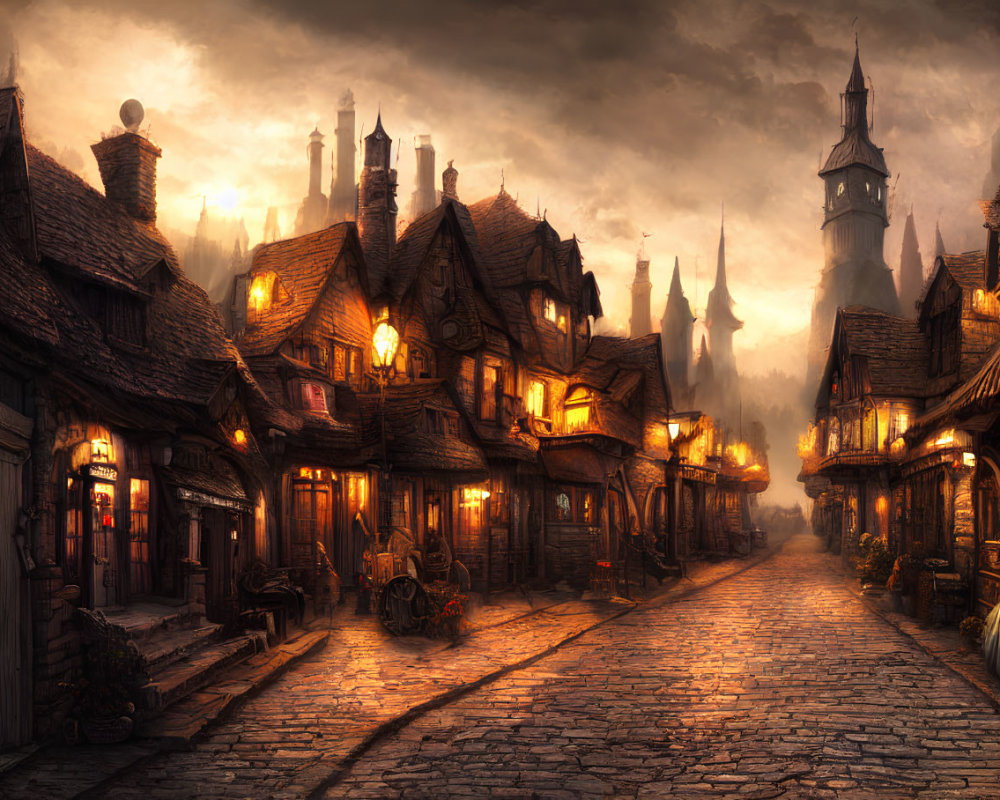 Historic cobblestone street with old buildings, castle, and street lamps at dusk