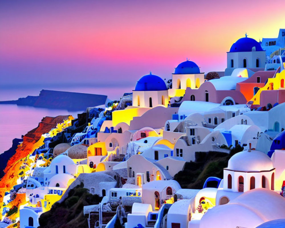 Iconic Santorini Sunset with Blue-Domed Churches