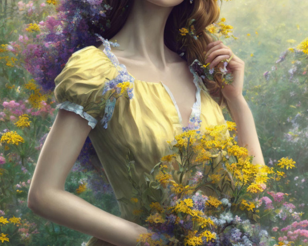 Vintage Yellow Dress Woman in Misty Garden with Flowers