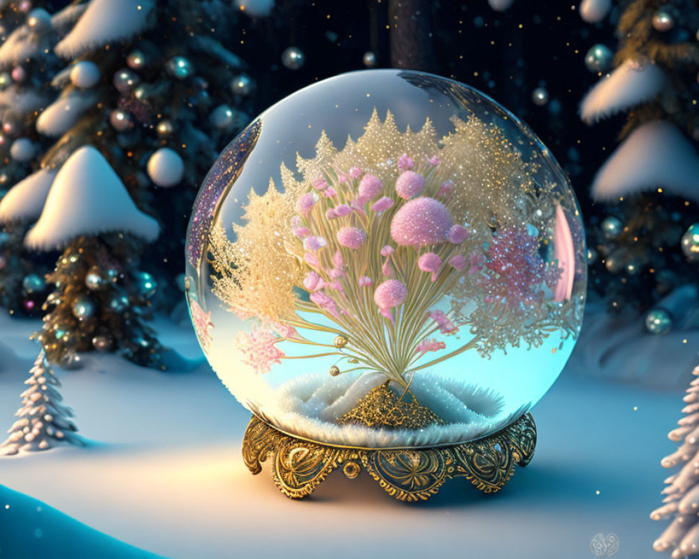 Delicate crystal ball with pink flowers on golden stand in winter scene